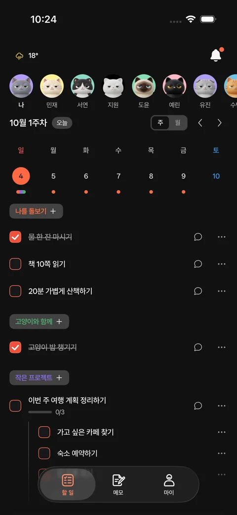 iPhone · 다크 모드로 보는 오늘의 할 일
