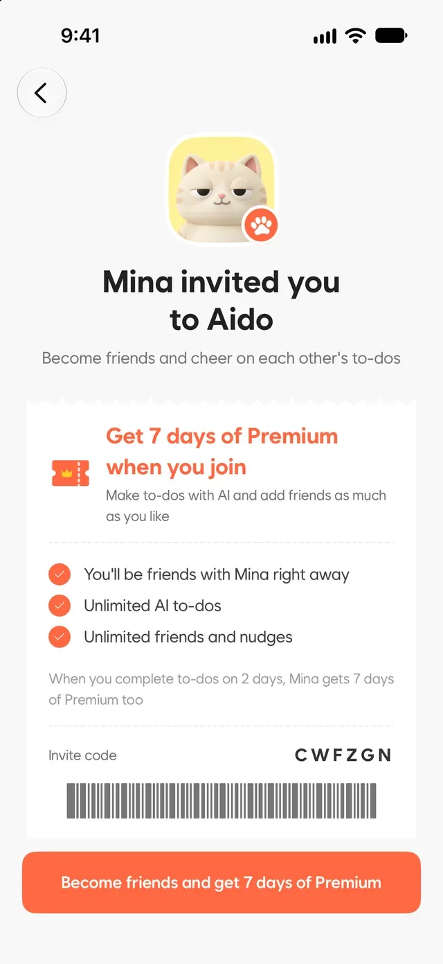 Aido invite card showing who sent the invite and the sign-up reward